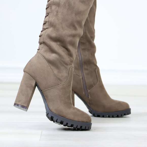 Full Lace-Up Back Taupe Faux Suede Thigh High Over The Knee Lug Block Heeled Boo - Picture 7 of 14